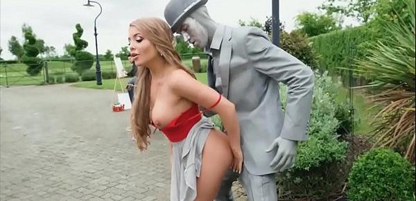  Busty chick fucks a living statue performer outdoors